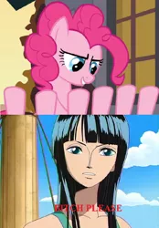 Size: 576x827 | Tagged: a friend in deed, derpibooru import, edit, edited screencap, nico robin, one piece, pinkie being pinkie, pinkie physics, pinkie pie, safe, screencap, sleipnir