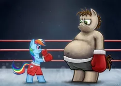 Size: 1500x1064 | Tagged: safe, artist:2snacks, derpibooru import, rainbow dash, ponified, pony, big scary pony, bipedal, boxing, boxing gloves, boxing ring, clothes, crossover, duo, king hippo, punch out