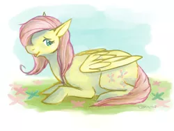 Size: 800x600 | Tagged: safe, artist:cummeron, derpibooru import, fluttershy, pegasus, pony, female, folded wings, looking at you, looking sideways, mare, open mouth, outdoors, prone, smiling, solo, wings