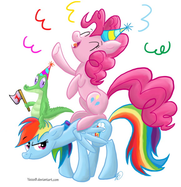 Size: 2466x2550 | Tagged: safe, artist:stratustrot, derpibooru import, gummy, pinkie pie, rainbow dash, female, high res, lesbian, party, pinkiedash, shipping