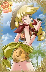 Size: 824x1280 | Tagged: apple, applejack, artist:mauroz, ass, butt, derpibooru import, eating, female, food, human, humanized, midriff, one eye closed, safe, solo, wink