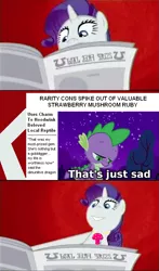 Size: 473x807 | Tagged: abstract background, artist:ponyflea, comic, derpibooru import, edit, edited screencap, foal free press, gabby gums, i'll destroy her, meme, newspaper, ponyville confidential, rarity, ruby, safe, screencap, screencap comic, solo, spike, subverted meme