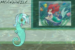 Size: 889x590 | Tagged: ariel, derpibooru import, disney princess, flounder, human lovers, lyra heartstrings, meanwhile, mermaid, safe, seahorse, sea pony, seapony lyra, seashell, the little mermaid