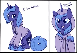 Size: 650x450 | Tagged: artist:lulubell, ask, clothes, cute, derpibooru import, heart, hoodie, looking at you, lunabetes, open mouth, princess luna, s1 luna, safe, simple background, smiling, solo, tumblr, white background