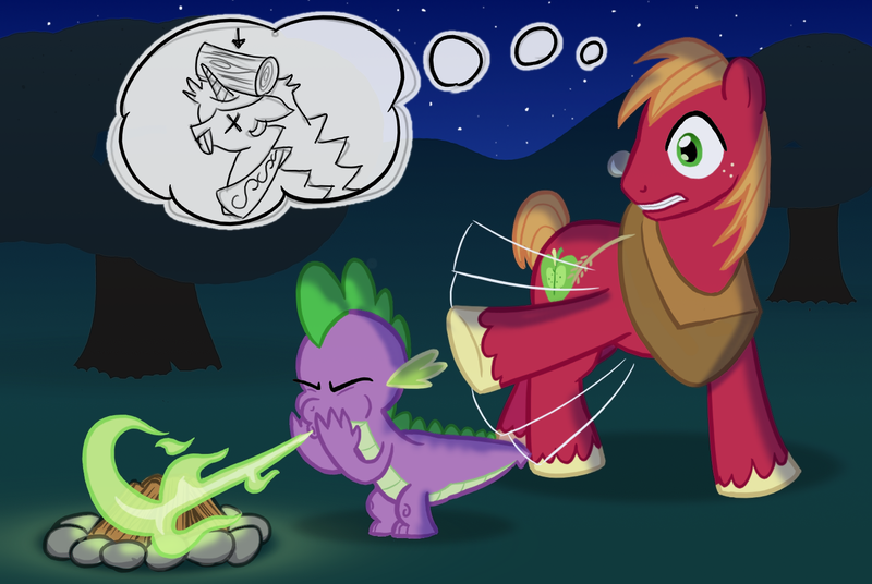 Size: 1546x1035 | Tagged: dead source, safe, artist:lightbulb, derpibooru import, big macintosh, princess celestia, spike, earth pony, pony, fire, male, stallion, thought bubble