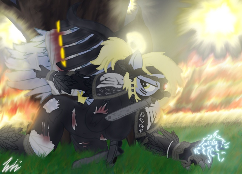 Size: 1528x1098 | Tagged: anthro, artist:gmeiden, corvus corax, derpibooru import, derpy hooves, epic derpy, knife, ponyarch, primarch, raven guard, suggestive, warhammer 40k, warhammer (game), weapon