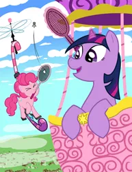Size: 770x1000 | Tagged: artist:syggie, badminton, balloon, crossover, derpibooru import, duo, eyes closed, flying, flying machine, mouth hold, pinkie pie, rhythm heaven fever, safe, twilight sparkle