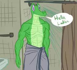 Size: 1100x1000 | Tagged: abs, alligator, anthro, anthro pets, artist needed, bare chest, derpibooru import, dialogue, gummy, isaiah mustafa, male, old spice guy, safe, sexy, shower, solo, speech bubble, towel
