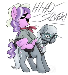 Size: 984x1078 | Tagged: artist:cartoonlion, bridle, derpibooru import, diamond tiara, domino mask, glasses, gun, hat, holster, ponies riding ponies, reins, saddle, safe, silver spoon, tack, the lone ranger