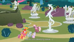 Size: 1366x768 | Tagged: apple bloom, cheerilee, cutie mark crusaders, derpibooru import, diamond tiara, discord, safe, scootaloo, screencap, silver spoon, snails, snips, statue, sweetie belle, twist, youtube caption