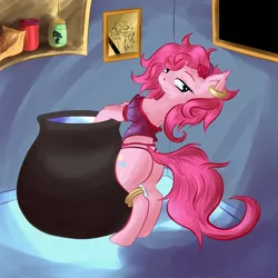 Size: 1000x1000 | Tagged: suggestive, artist:snus-kun, derpibooru import, pinkie pie, pony, alternate hairstyle, bipedal, cauldron, clothes, earring, female, gypsy magic, gypsy pie, madame pinkie, panties, plot, romani, solo, solo female, the ass was fat, thong, underwear