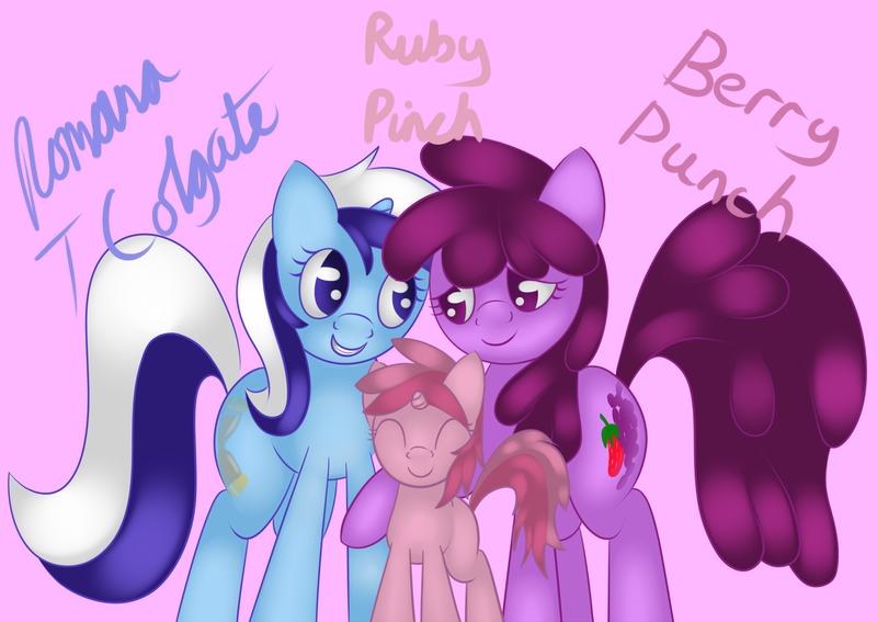 Size: 2116x1500 | Tagged: artist:goldenmercurydragon, berrygate, berry punch, berryshine, derpibooru import, eyes closed, family, female, lesbian, magical lesbian spawn, minuette, offspring, parent:berry punch, parent:minuette, parents:berrygate, romana, ruby pinch, safe, shipping, trio