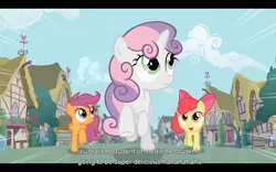 Size: 1024x640 | Tagged: apple bloom, cutie mark crusaders, derpibooru import, hearts and hooves day, hearts and hooves day (episode), safe, scootaloo, screencap, sweetie belle, youtube caption