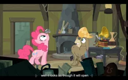 Size: 1024x640 | Tagged: safe, derpibooru import, screencap, cranky doodle donkey, pinkie pie, donkey, earth pony, pony, a friend in deed, snow globe, youtube caption