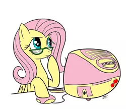 Size: 643x556 | Tagged: safe, artist:sorcerushorserus, artist:tommymocacci, derpibooru import, fluttershy, pegasus, pony, apple, colored, computer, computer mouse, flutter thought, food, glasses, imac, imac g3, keyboard, looking up, macintosh, pondering, raised hoof, simple background, solo, white background