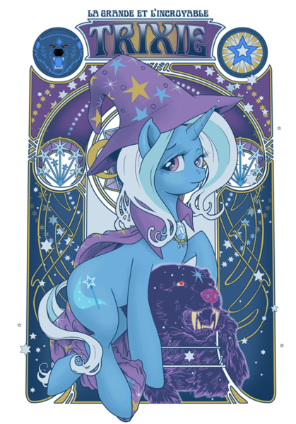 Size: 559x800 | Tagged: dead source, safe, artist:hezaa, derpibooru import, trixie, pony, unicorn, ursa major, ursa minor, cape, clothes, female, french, hat, mare, modern art, nouveau, stars, trixie's cape, trixie's hat