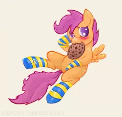 Size: 800x769 | Tagged: artist:fapony, blushing, clothes, cookie, cute, derpibooru import, safe, scootaloo, socks, solo, striped socks