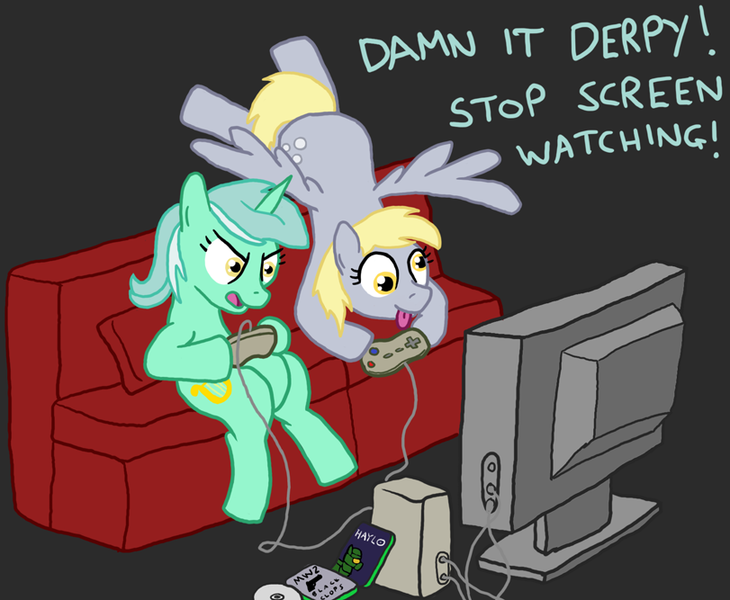 Size: 811x667 | Tagged: safe, artist:paper-pony, derpibooru import, derpy hooves, lyra heartstrings, pegasus, pony, unicorn, controller, couch, duo, game console, gaming, playing, sitting, television, video game