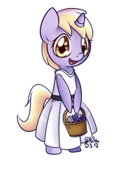 Size: 700x1000 | Tagged: anthro, artist:solar-slash, basket, clothes, derpibooru import, dinky hooves, dress, flower, safe, solo, wedding dress