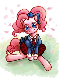 Size: 945x1252 | Tagged: artist:hobilo, clothes, cuffs (clothes), derpibooru import, hair bow, necktie, pinkie pie, pixiv, safe, schoolgirl, solo