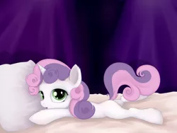 Size: 2000x1500 | Tagged: artist:rainbow, bed, derpibooru import, female, filly, fluffy, pillow, prone, solo, solo female, suggestive, sweetie belle