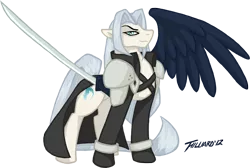 Size: 1000x671 | Tagged: artist:dembai, clothes, derpibooru import, final fantasy, ponified, safe, sephiroth, solo, sword, weapon