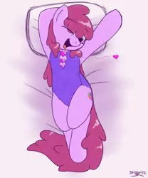 Size: 1500x1800 | Tagged: safe, artist:skoon, derpibooru import, berry punch, berryshine, pony, bed, body pillow, body pillow design, clothes, on back, one-piece swimsuit, swimsuit