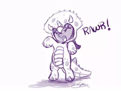 Size: 638x476 | Tagged: artist:bunnimation, costume, derpibooru import, filly, foal, rawr, safe, twiceratops, twilight sparkle