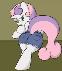 Size: 1048x1200 | Tagged: suggestive, artist:shenhibiki, derpibooru import, sweetie belle, pony, bedroom eyes, clothes, daisy dukes, jeans, looking at you, older, pants, pinup, plot, shorts, sweetie butt