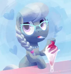 Size: 580x606 | Tagged: safe, artist:reuniclus, derpibooru import, silver spoon, earth pony, pony, food, glasses, heart, ice cream, solo, spoon