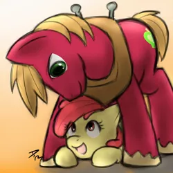Size: 750x750 | Tagged: safe, artist:atticus83, derpibooru import, apple bloom, big macintosh, earth pony, pony, adorabloom, brother and sister, cute, duo, female, macabetes, male, open mouth, siblings, stallion