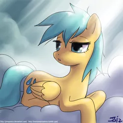 Size: 900x900 | Tagged: safe, artist:johnjoseco, derpibooru import, sunshower raindrops, pegasus, pony, cloud, cloudy, female, mare, morning ponies, solo