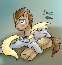 Size: 477x500 | Tagged: safe, artist:jitterbugjive, derpibooru import, derpy hooves, doctor whooves, time turner, pegasus, pony, lovestruck derpy, blushing, butt pillow, doctorderpy, female, male, mare, pillow, plot, prone, shipping, sleeping, straight