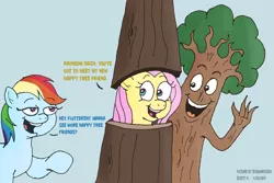 Size: 680x454 | Tagged: artist:scobionicle99, derpibooru import, dialogue, fluttershy, fluttertree, literal happy tree friends, rainbow dash, safe, simple background, tree, tree costume