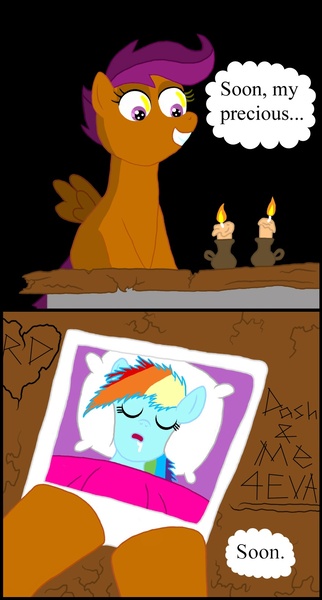 Size: 877x1636 | Tagged: comic, derpibooru import, rainbow dash, safe, scootaloo, stalker