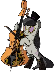 Size: 649x863 | Tagged: safe, artist:filipinoninja95, derpibooru import, octavia melody, earth pony, pony, bipedal, bow (instrument), cello, cello bow, female, hat, mare, musical instrument, steampunk, sunglasses, top hat