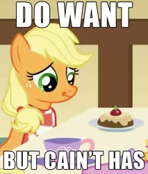 Size: 663x779 | Tagged: safe, derpibooru import, edit, edited screencap, screencap, applejack, a bird in the hoof, accent, artifact, cake, cropped, cup, hatless, image macro, meme, missing accessory, solo, tongue out, want