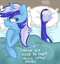 Size: 750x800 | Tagged: artist:steeve, derpibooru import, frown, gritted teeth, minuette, morning after, side, suggestive, toothbrush