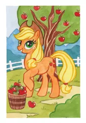 Size: 600x856 | Tagged: apple, applejack, artist:kamirah, derpibooru import, food, raised hoof, safe, solo, traditional art, tree