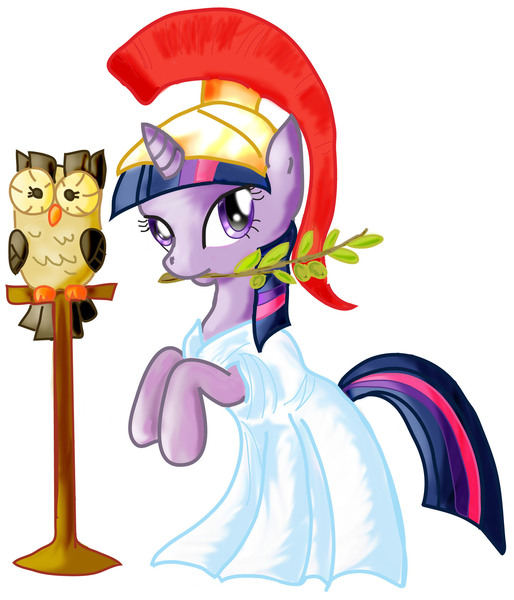 Size: 1778x2077 | Tagged: safe, artist:catscratchpaper, derpibooru import, owlowiscious, twilight sparkle, owl, pony, armor, athena, athena sparkle, costume, duo, female, greek mythology, helmet, hilarious in hindsight, mare, mouth hold, robes, simple background, white background