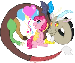 Size: 5000x4194 | Tagged: safe, artist:kayla-san, artist:kooner-cz, derpibooru import, discord, pinkie pie, absurd resolution, balloon, discopie, female, male, shipping, simple background, straight, transparent background, vector