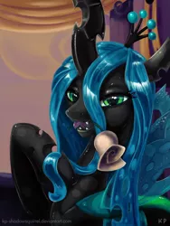 Size: 900x1200 | Tagged: safe, artist:kp-shadowsquirrel, derpibooru import, queen chrysalis, changeling, changeling queen, beautiful, bedroom eyes, bust, deviantart link, fangs, female, flower in mouth, image, jpeg, looking at you, mouth hold, phone wallpaper, raised hoof, rose, rose in mouth, seductive, sexy, signature, slit eyes, solo, standing, tongue out