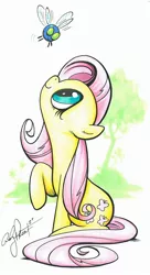 Size: 1470x2706 | Tagged: safe, artist:andypriceart, derpibooru import, fluttershy, parasprite, pegasus, pony, artwork, cute, female, looking up, mare, raised hoof, signature, sitting, solo