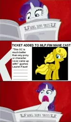 Size: 473x807 | Tagged: safe, artist:ponyflea, derpibooru import, edit, edited screencap, screencap, rarity, oc, oc:ticket, alicorn, pony, ponyville confidential, abstract background, alicorn oc, comic, i'll destroy her, meme, newspaper, screencap comic, solo