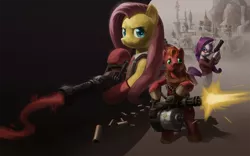 Size: 1920x1200 | Tagged: safe, artist:stupjam, derpibooru import, big macintosh, fluttershy, rarity, earth pony, pony, gun, heavy, heavy weapons guy, male, medic, medigun, minigun, parody, revolver, spy, stallion, team fortress 2, weapon