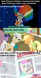 Size: 852x1617 | Tagged: safe, derpibooru import, edit, edited screencap, screencap, applejack, mayor mare, twilight sparkle, pony, luna eclipsed, ponyville confidential, the last roundup, caption, clown, costume, meta, politics