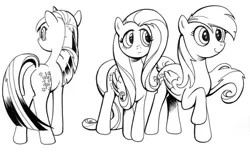 Size: 900x551 | Tagged: artist:andypriceart, derpibooru import, fluttershy, monochrome, rainbow dash, safe, twilight sparkle