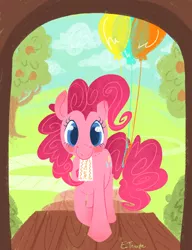 Size: 510x663 | Tagged: safe, artist:lizardandblankets, derpibooru import, pinkie pie, earth pony, pony, balloon, blush sticker, blushing, female, invitation, looking at you, mare, mouth hold, smiling, solo