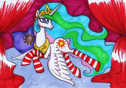 Size: 2424x1700 | Tagged: artist:dragonfly, clothes, derpibooru import, princess celestia, safe, socks, solo, striped socks, traditional art