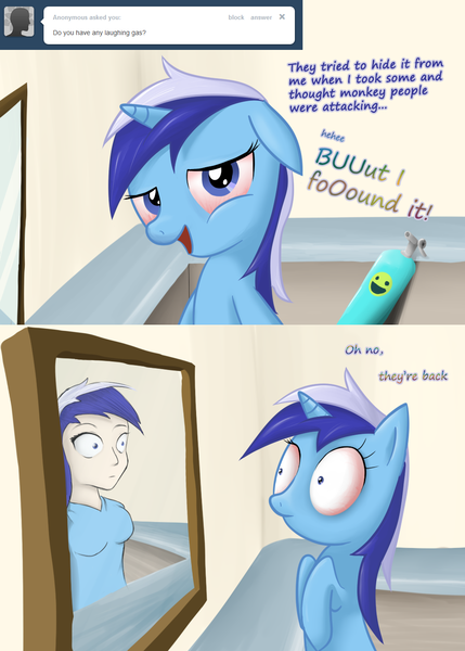 Size: 1000x1397 | Tagged: safe, artist:dazko, derpibooru import, minuette, pony, unicorn, ask doctor colgate, :|, bloodshot eyes, dialogue, female, floppy ears, frown, human ponidox, humanized, laughing gas, looking at you, mare, mirror, open mouth, smiling, solo, wide eyes